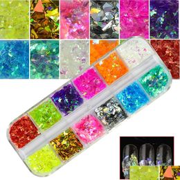 Nail Glitter 1 Set 12 Candy Colour Mixed Ice Mylar Shell Foils Art Flakes Manicure Nails Tips Decorations 3D Designs Chbgz Drop Deliv Dh6Ni