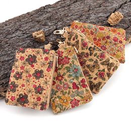 DHL200pcs Coin Purses Lady Retro Cork Leather Flower Butterfly Printing Square Short Wallet With Keychain Mix Color