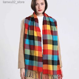 Scarves 2022 Winter Plaid Warm Scarf Women Cashmere Shawl and Wraps Pashmina Neckerchief Bufanda Female Rainbow Hairy Tessel Echarpe New Q240228