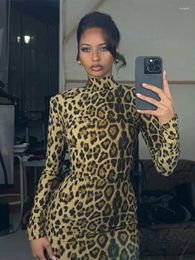 Casual Dresses Fashion Leopard Print Bodycon Maxi Dress Women Elegant Half High Collar Long Sleeved Slim Robes 2024 Ladies Party Prom Gowns