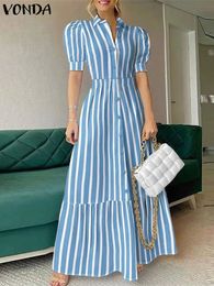 Plus Size VONDA Elegant Striped Shirt Dress Women Summer Sexy Puff Sleeve Lapel Long Maxi Sundress Casual Buttons Office Robe 240228