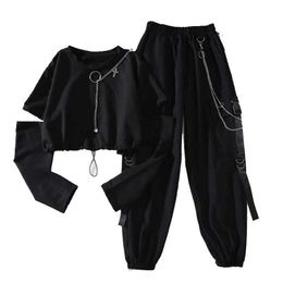 Women's Two Piece Pants Spring Autumn Women Harajuku Cargo Pants Handsome Cool Two-piece Suit Chain Long Sleeve+Ribbon Pants