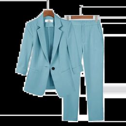 Womens Summer Thin Fashion Suit Jacket Pants Two-piece Casual Blazer Matching Set Korean Elegant Professional Wear240226
