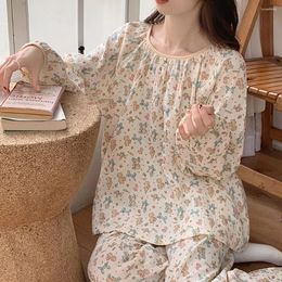 Kobieta śpiąca Koreańska bawełniana bawełniana bawełniana piżama dla kobiet wiosna jesienna jesienna okrągła szyja spodnie 2PCS Damowe zestawy domowe