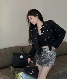 Women's Jackets Heart Sequined Black Woollen Coat Autumn Small Fragrance Long-sleeved High-Quality Short Cardigan Top Female Clothes