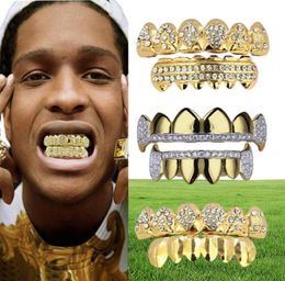 18K Real Gold Punk Hiphop CZ Zircon Poker Letters Vampire Teeth Fang Grillz Diamond Grills Braces Tooth Cap Rapper Jewellery for Cos8718603