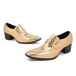 Dress Shoes Luxury Golden Business Genuine Leather Square Toe High Heels Slip On Men Formal Fashion Party/wedding