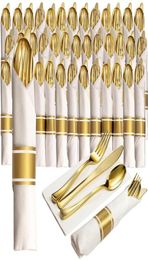 40 Pieces of PreRolled Golden Plastic Silverware Disposable Cutlery and Napkin Suitable for 10 People Dinner Party Wedding7492014