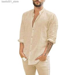 Men's Tracksuits Cotton and linen hot selling mens long sleeved summer solid standing collar casual beach style plus size Q240229