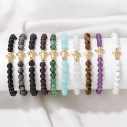 Charm Bracelets Natural Stone Amethysts Lava Beaded Minimalist Gold Color Cross Elastic Prayer Gifts For Women