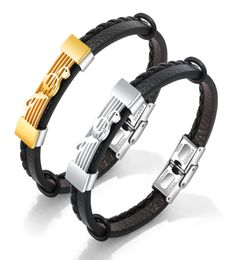 Music Note Charm Treble Clef Stainless Steel Braided Leather Wristband Bracelet For Men3858143