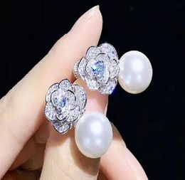 Pearl Camellia earrings set simple temperament 925 silver needle Huggie 14K Plated gold3773878