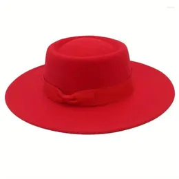 Berets Women's Vintage Classic Fedora Hat - Wide Brim Bolero Gentleman Hats For Jazz Style Solid Colour Bow Tie Hatband