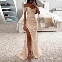 Casual Dresses Women's Sexy Strapless Sequins Evening Prom Dress Chic Off Shoulder High Slits Sparkling Party Maxi Female Bridemaid