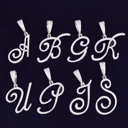 New Iced Out A-Z Single Cursive Letter Pendant Necklace With 24inch Rope Chain Hip Hop Jewelry246a