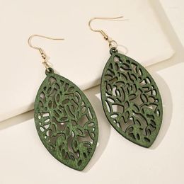 Dangle Earrings Geometry Leaf Hollow Cut Out Carving Wooden Pendent Vintage Green Ear Wear Women Jewellery Accessories