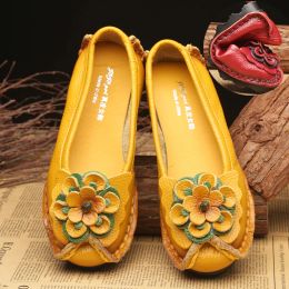 Boots Ethnic Bloom Flower Flat Shoes Women's Genuine Leather Moccasins Nurse Shoes Handmade Sewing Women Flats Vintage Ladies Loafers