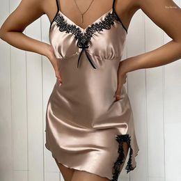 Women's Sleepwear Smooth Satin Nightdress Sexy Sleeveless Lace Bow Edge Summer Soft Breathable Slip Dress With A Slit Plus Size