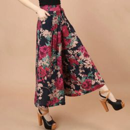 Capris Summer Women Print Flower Pattern Wide Leg Loose Linen Dress Pants Female Casual Skirt Trousers Capris Culottes mujer large size