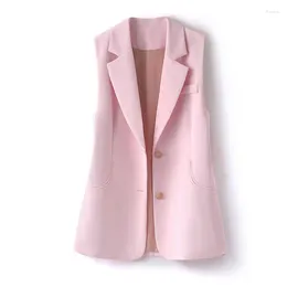 Women's Vests Women Pink Vest Spring Autumn Office Lady Turn Down Collar Single Breasted Pocket Suit Female Sleeveless Blazer Tops