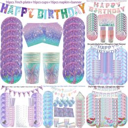 New Party Decorations Supplies Mermaid Disposable Plates Cup Napkins Set For Girls Baby Shower Mermaids Princess Birthday