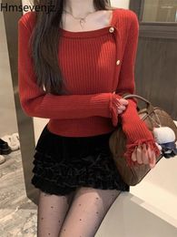 Women's Sweaters Year's Red Knitted Sweater For Women Spring Fashion Design Square Neck Slim Fit Inner Layup Short Pullover Top