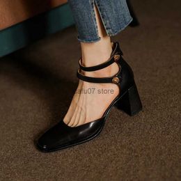 Dress Shoes Women Pumps Two Straps Elegant Ladies Shoes Back Zip Spring Atumn Vintage Pumps Summer Sandals Cowhide Mary Jane Simple ShoesH24228