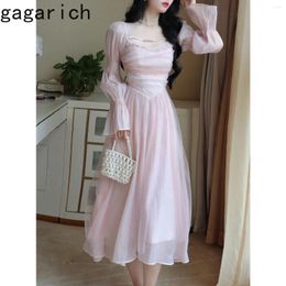 Casual Dresses Gagarich 2024 French Gentle Pink High Waisted Fluffy Temperament Princess Long Sleeved Women Dress Autumn Vestidos