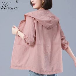 Jackets 2023 Spring Summer Hooded Jackets Women Casual Solid Colour Nylon Thin Outerwear Basic Long Sleeves Tops Sun Protection Cardigan