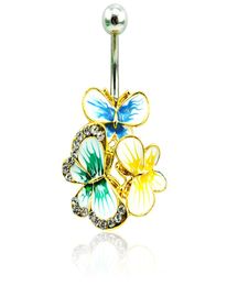 Fashion Belly Button Rings Stainless Steel Barbell White Rhinestone Multicolor Enamel Butterfly Navel Rings Body Piercing Jewelry3822364