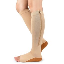 Compression Socks Men Women Support Knee Zipper Female Open Toe Thin Anti Fatigue Stretchy Sox High Socks Unisex