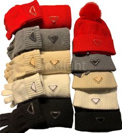 Warm Thicken Gloves Fashion Designer Wool Scarves Men Women Winter Beanie Triangle Badge High Quality Scarf Hat Glove Sets8218727