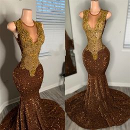 Brown Sheer O Neck Long Prom Dress For Black Girls 2024 Beaded Crystal Rhinestone Birthday Party Dresses Sequined Evening Gowns Es Es Es es