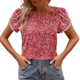 Women's Blouses Casual Round Neck Summer Loose Fitting Shirt With Floral Print Lace Short Sleeved Quarter Sleeve