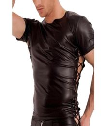 Men Faux Leather Solid Colour Elastic Top Side Lace Bandage T Shirts Fetish Gay Bar Stage Performance Slim Tshirt Men039s TShi9902368