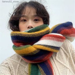 Scarves Rainbow Knitted Womens Scarf Winter Thick Cashmere Striped Shawl and Wrapped Fashionable and Warm Street Clothing Girls Wool Scarf Q240228