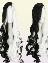 CRUELLA Deville De Vil Cosplay Wigs 75cm Long Curly Half White Black Heat Resistant Synthetic Hair Cap Y09136899761