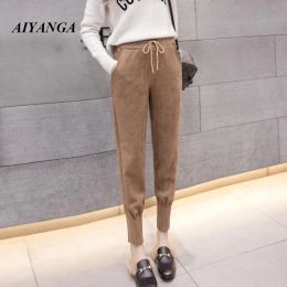 Capris 2022 Spring Streetwear Women Pants Elastic High Waist Faux Suede Harem Pant Casual Ankle Length Trousers Womens pantalones mujer