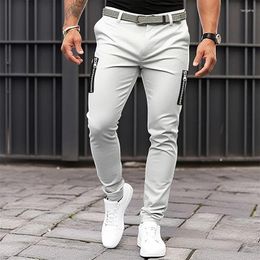 Men's Pants Solid Zipper Pocket Tight Casual Cargo Pure Cotton Belt Leggings Trousers