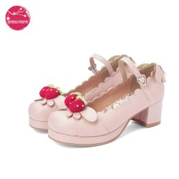 shoes Princess Lolita Girls Mary Janes Shoes Women Sweet Party Dress Cosplay Wedding Pumps Chunky Med Heels Strawberry Plus Size 3448