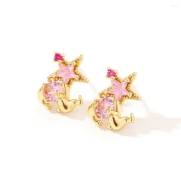 Stud Earrings Korean Version Of Cute Cartoon Character Ear Pin Micro-set Pink Zircon Pentagram Niche Design Exquisite Ring Gift