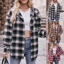 Women's Blouses Print Hooded Shirts For Lady Autumn 2024 Flannel Plaid Shirt Jacket Casual Long Sleeved Cardigan Women Loose Button Tops