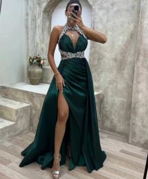 2024 Dark Green Evening Dress Silk Satin Halter Beaded Crystals Formal Arabic Prom Party Gowns Vestidos Fiesta Robe De Soiree