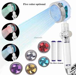 Bathroom Shower Heads 5 Colour Pressurised Head Water Saving 360 Rotating Twin Turbo Propeller Fan Accessories YQ240228