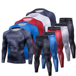 Men T shirts Trousers Set 2 Piece Men039s Sportswear Compression Suit Joggers Fitness Base Layer Shirt Leggings Rashguard Cloth3680146