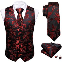 Elegant Silk Vest for Men Red Black Leaves Slim Fit Waistcoat Tie Hanky Cufflinks Set Wedding Business Formal Party Barry Wang 240228