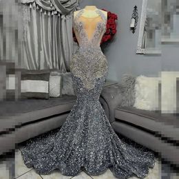 Sier Prom Dresses For Black Girls 2024 Rhinestone Sequin Mermaid Party Gowns Evening Dress Vestidos De Festa