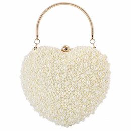Pearls Heart Shaped Wedding Clutch Purse Full Side Beads Mini Wallets With Chain Shoulder Bags For Girls MN1518 240223
