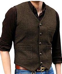 Mens Suit Vest V Neck Herringbone Tweed Business Waistcoat For Wedding Men Vests Groomman Clothing Jacket Victorian Steampunk 240228