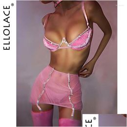 Bras Sets Ellolace Veet Rhinestone Lingerie Bra Kit Push Up Underwear Fancy Delicate Exotic Fairy Pink Intimate Beautif Outfit Drop Dht4W